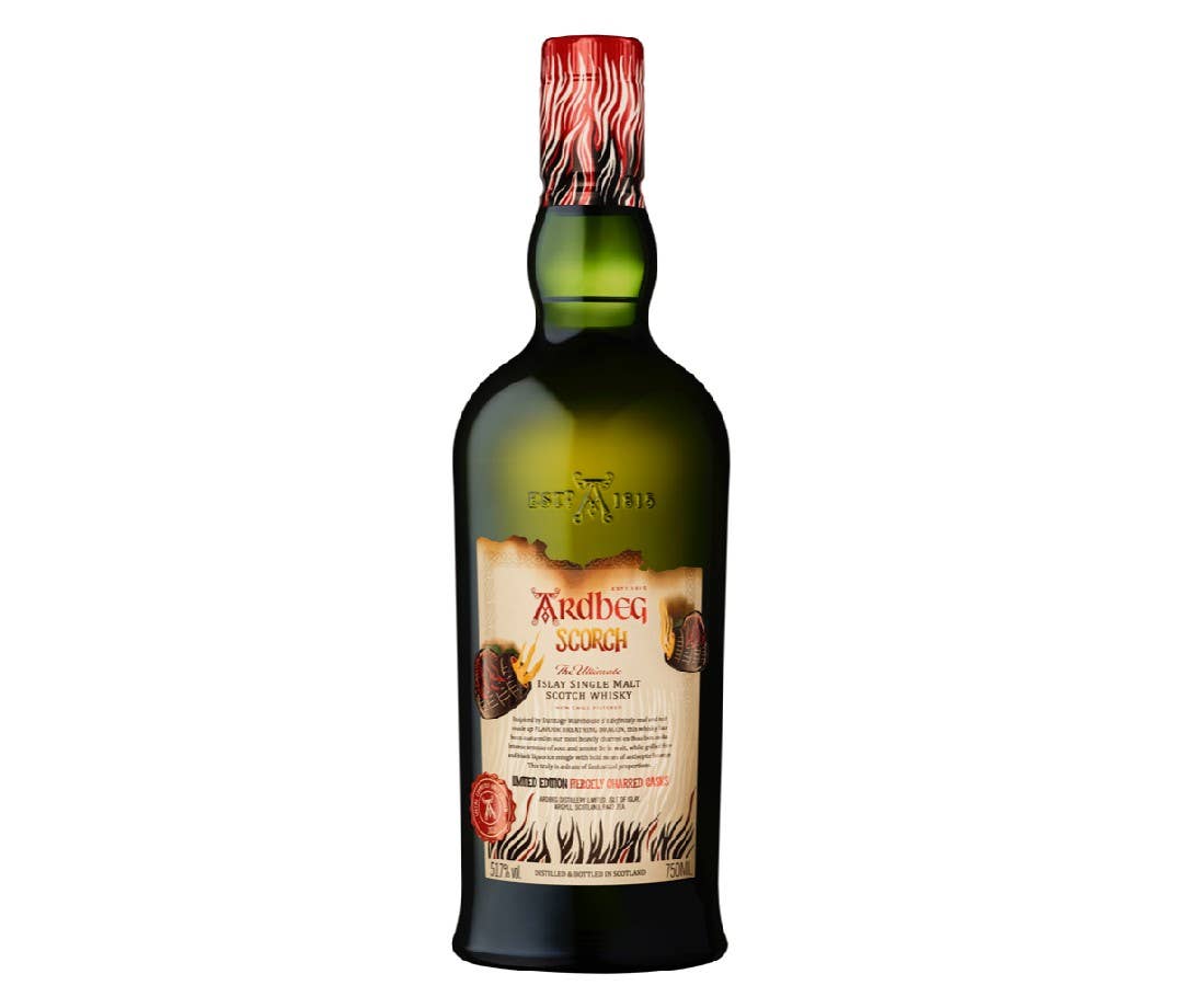 A bottle of Ardbeg Scorch. The sticker looks a little burnt out.
